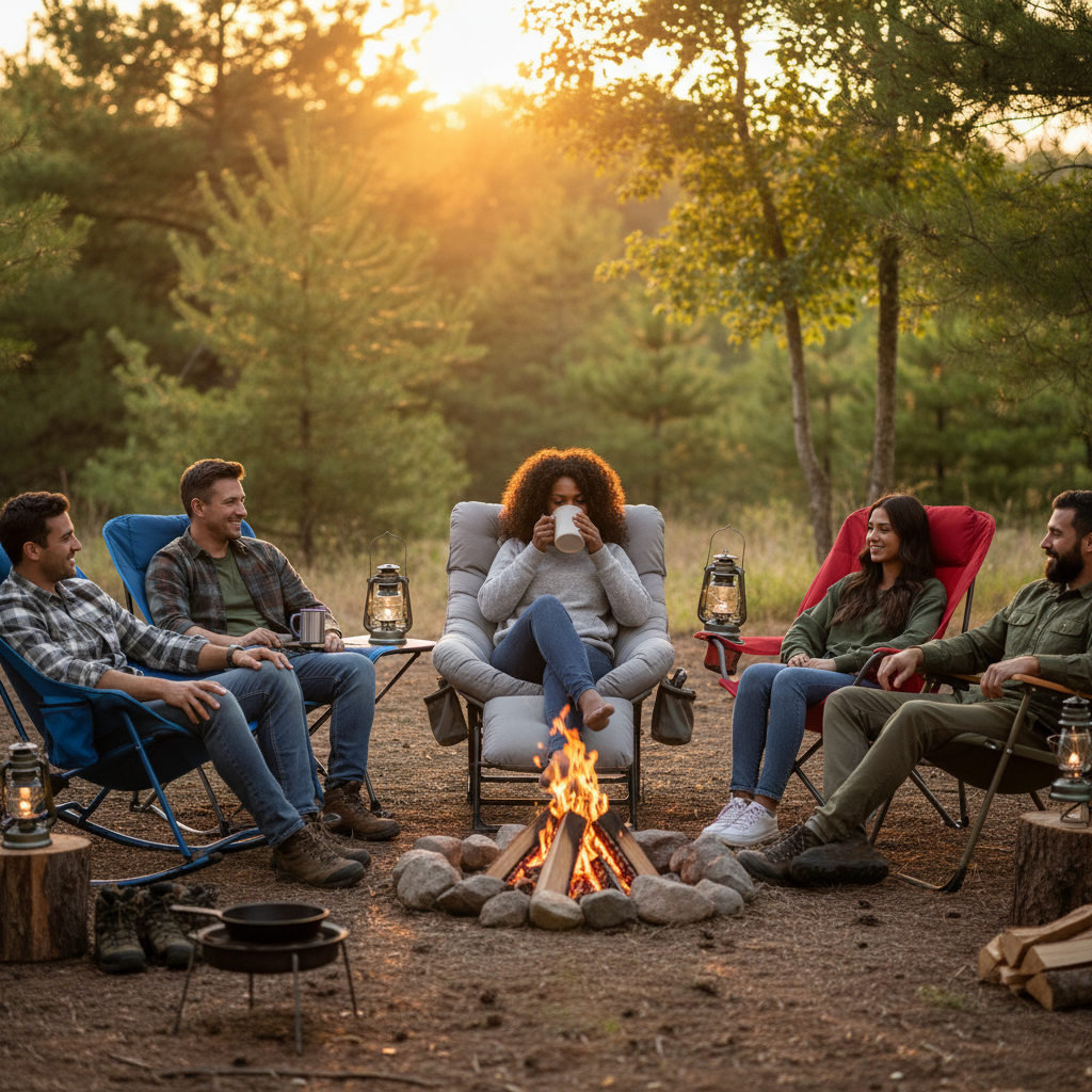 alt_text Diverse campers relax in top-rated chairs around a glowing campfire at a cozy, scenic campsite.