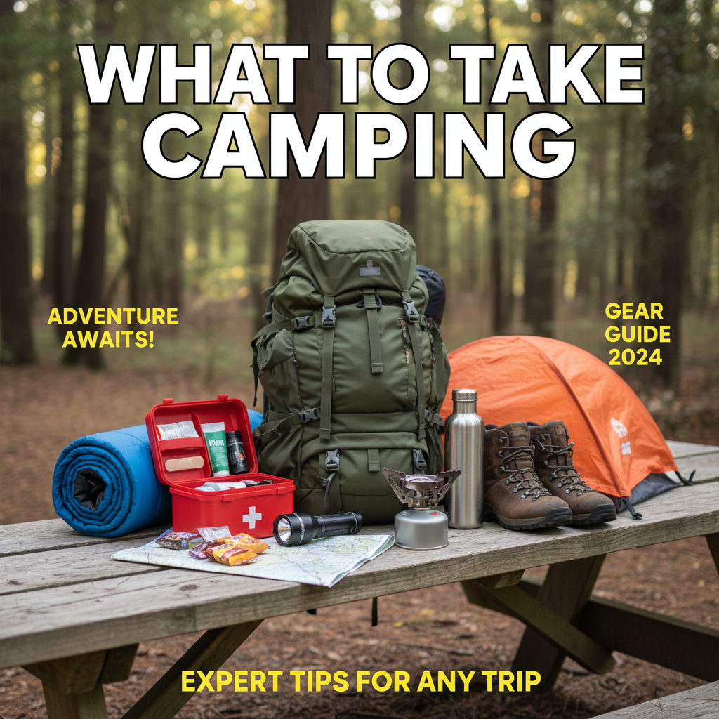 Essential camping gear neatly arranged on a magazine cover titled "What to Take Camping" outdoors.