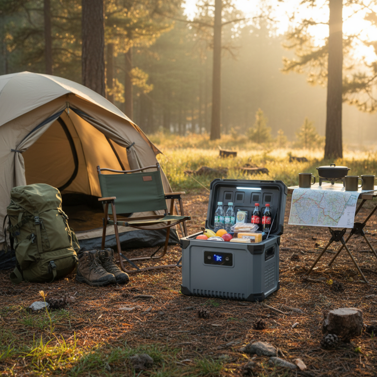 alt_text Portable camping fridge glows beside tent and gear at sunrise, stocked with food for outdoor adventure.