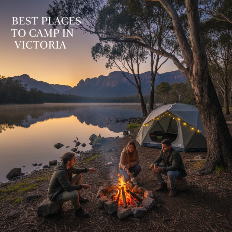 Campers by a lake in Victoria, Australia, with forests, Grampians mountains, and a glowing sunset.