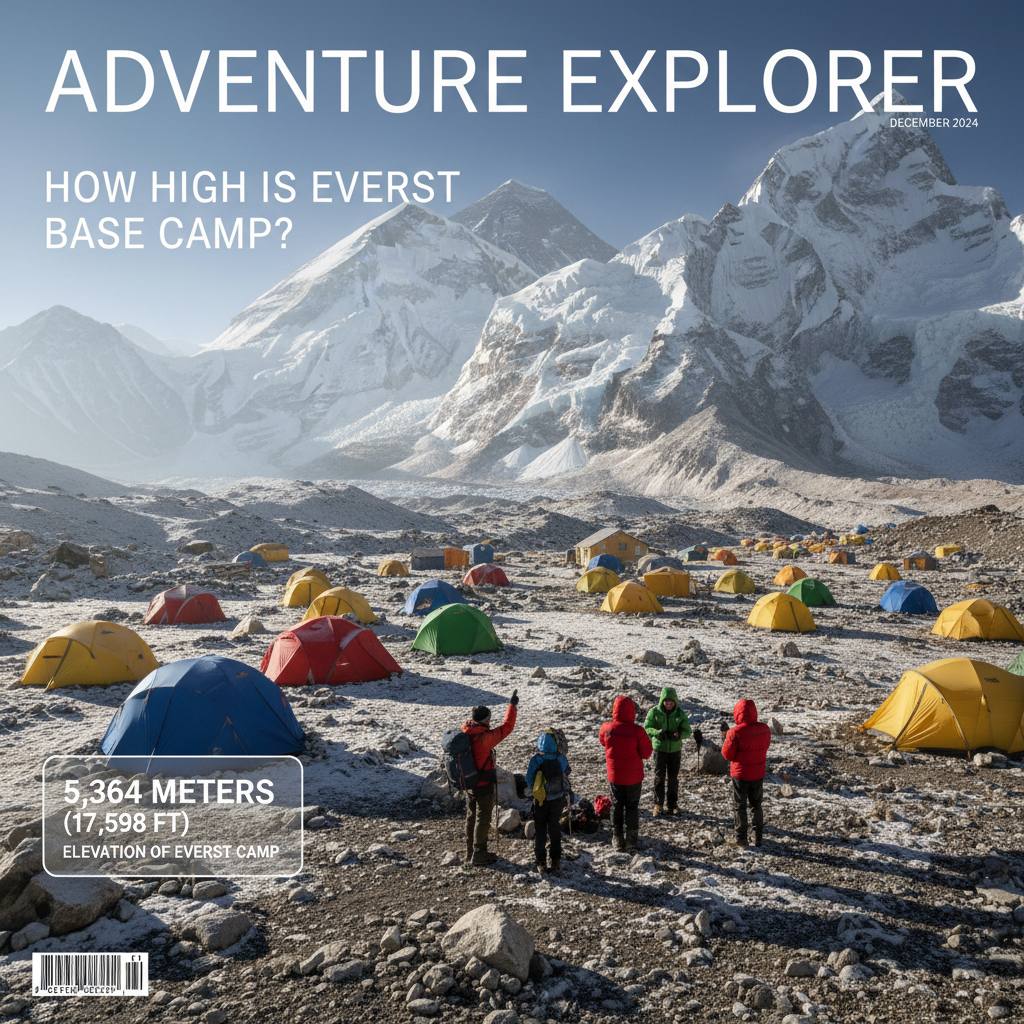 Everest Base Camp: Panoramic view, trekkers, tents, and elevation—5,364m—on a stunning cover.