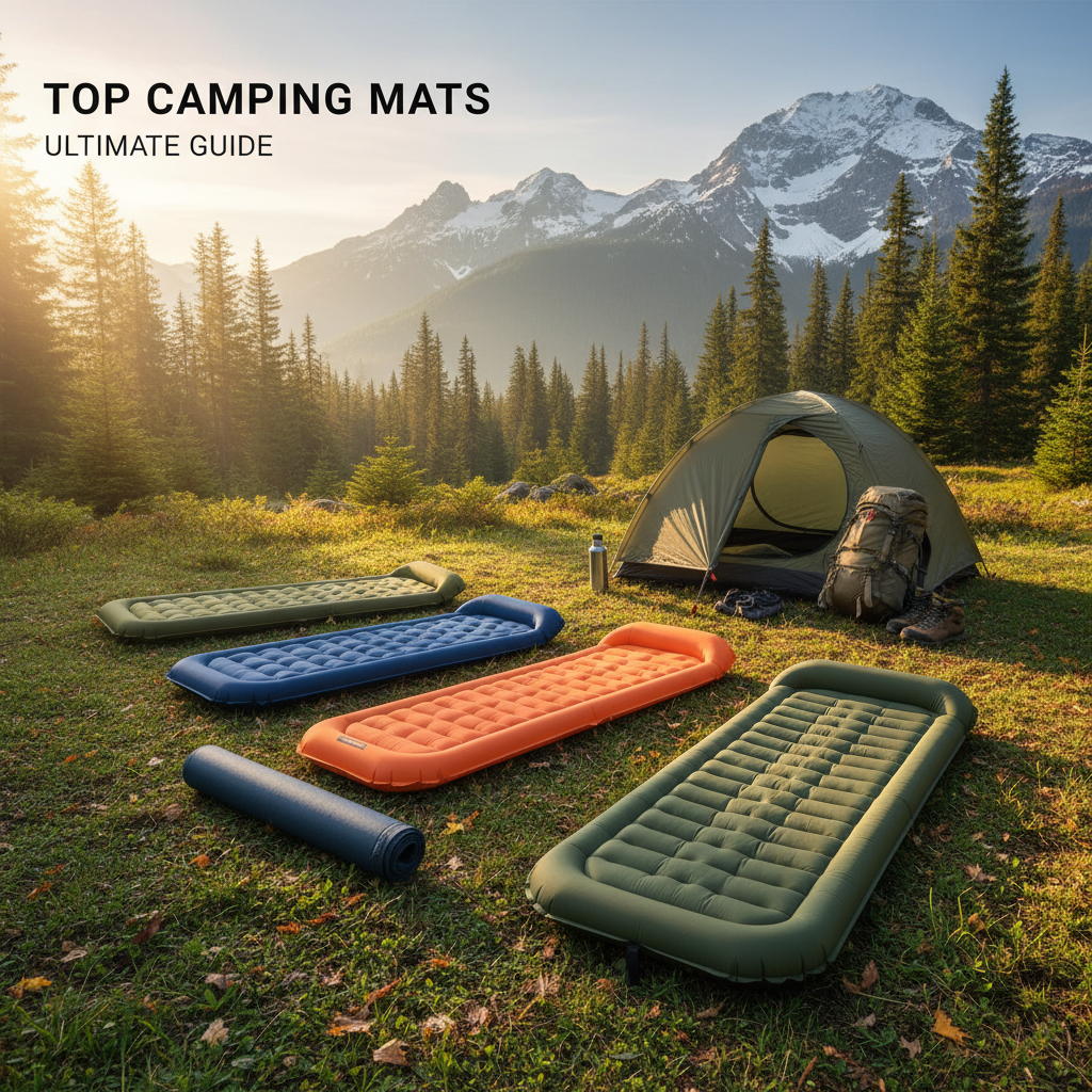 alt_text Various colorful camping mats on grass with camping gear, tent, and scenic mountains in the background.