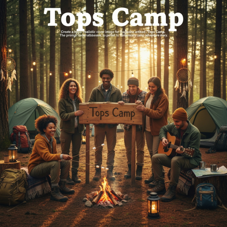 alt_text: Diverse young adults at sunrise gather at "Tops Camp," camping, playing music, and roasting marshmallows.