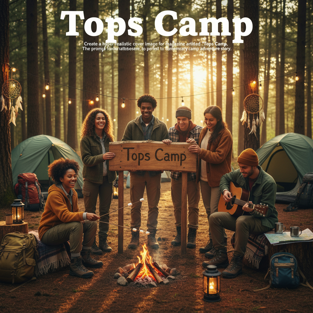 alt_text: Diverse young adults at sunrise gather at "Tops Camp," camping, playing music, and roasting marshmallows.