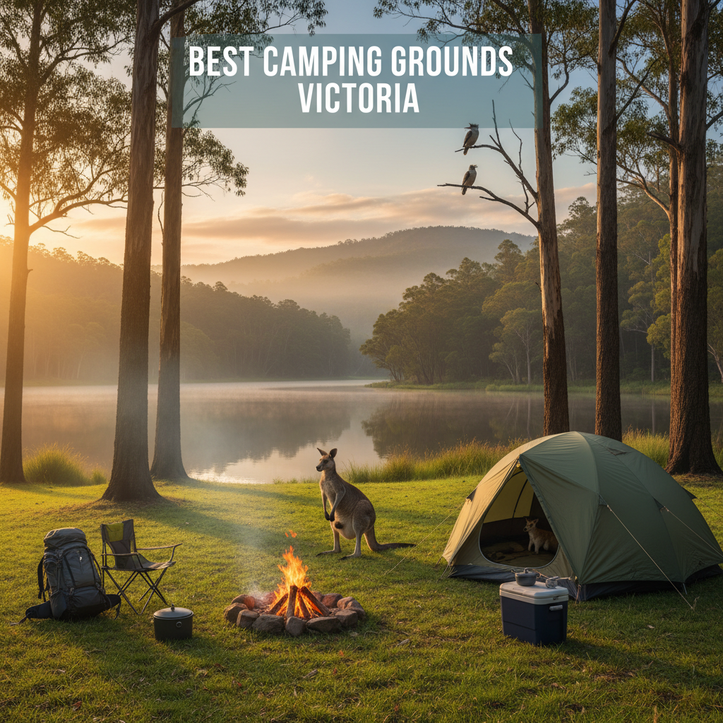 Scenic Victoria campsite with tent, campfire, kangaroo, eucalyptus trees, and lush landscape at sunrise.