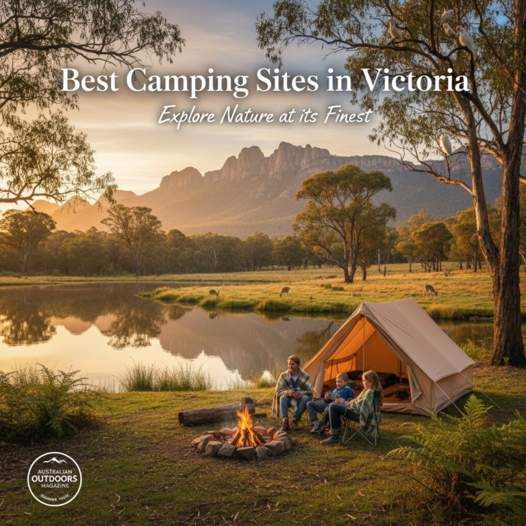 Scenic Victorian bush campsite by a lake, tent, campfire, wildlife, and headline: Best Camping Sites.