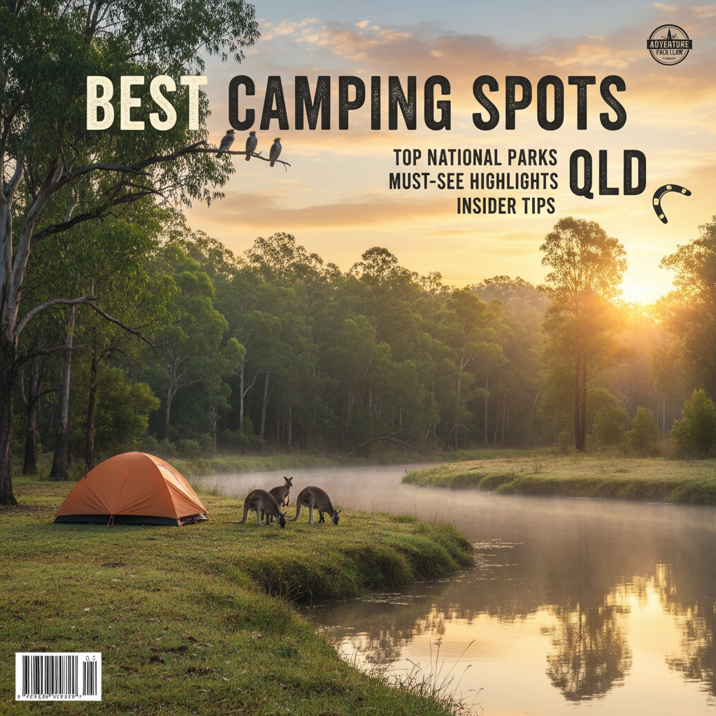 alt_text Sunrise at a scenic QLD campsite with wildlife, tent by misty water, and lush eucalyptus forest.