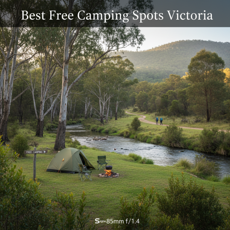 Serene riverside campsite in Victoria, Australia, with tent, campfire, hikers, and "Free Camping" sign.