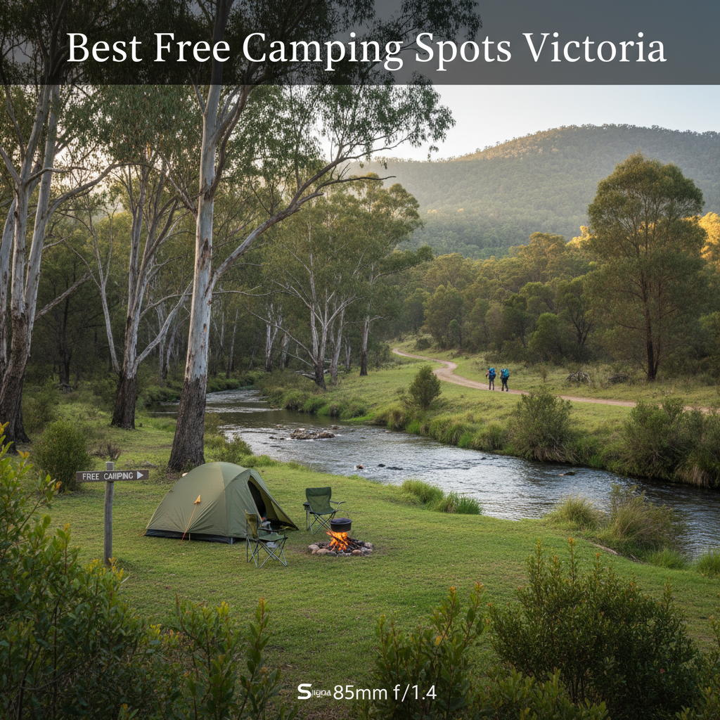 Serene riverside campsite in Victoria, Australia, with tent, campfire, hikers, and "Free Camping" sign.