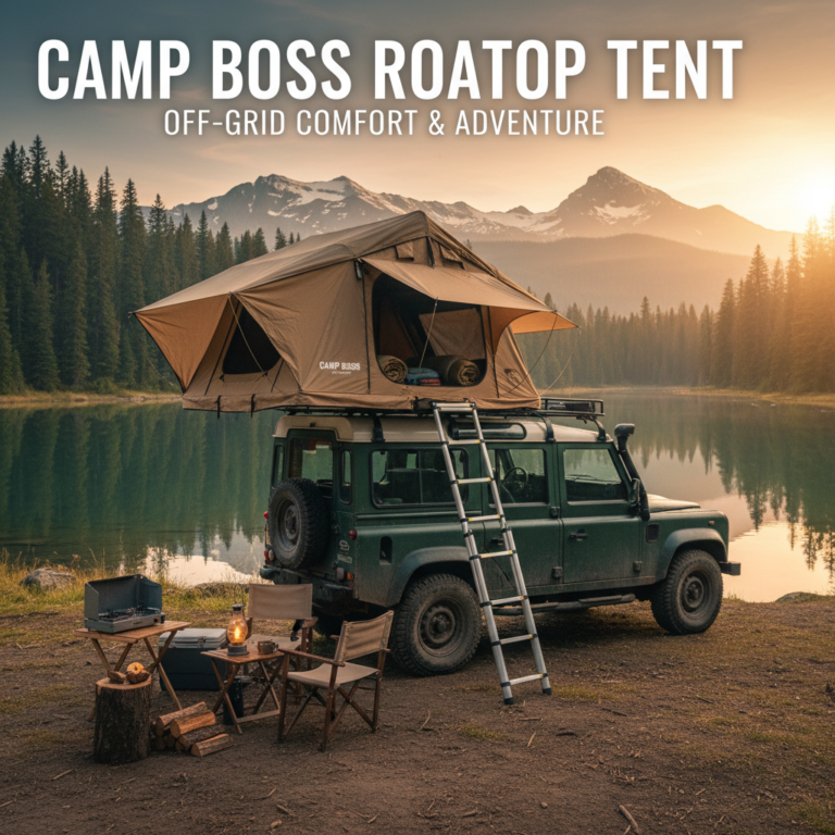 Rugged 4x4 with Camp Boss rooftop tent at scenic campsite, showcasing off-grid comfort and adventure.