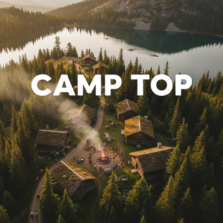 Aerial view of mountain summer camp: cabins, lake, campers, campfire, and bold "Camp Top" title.