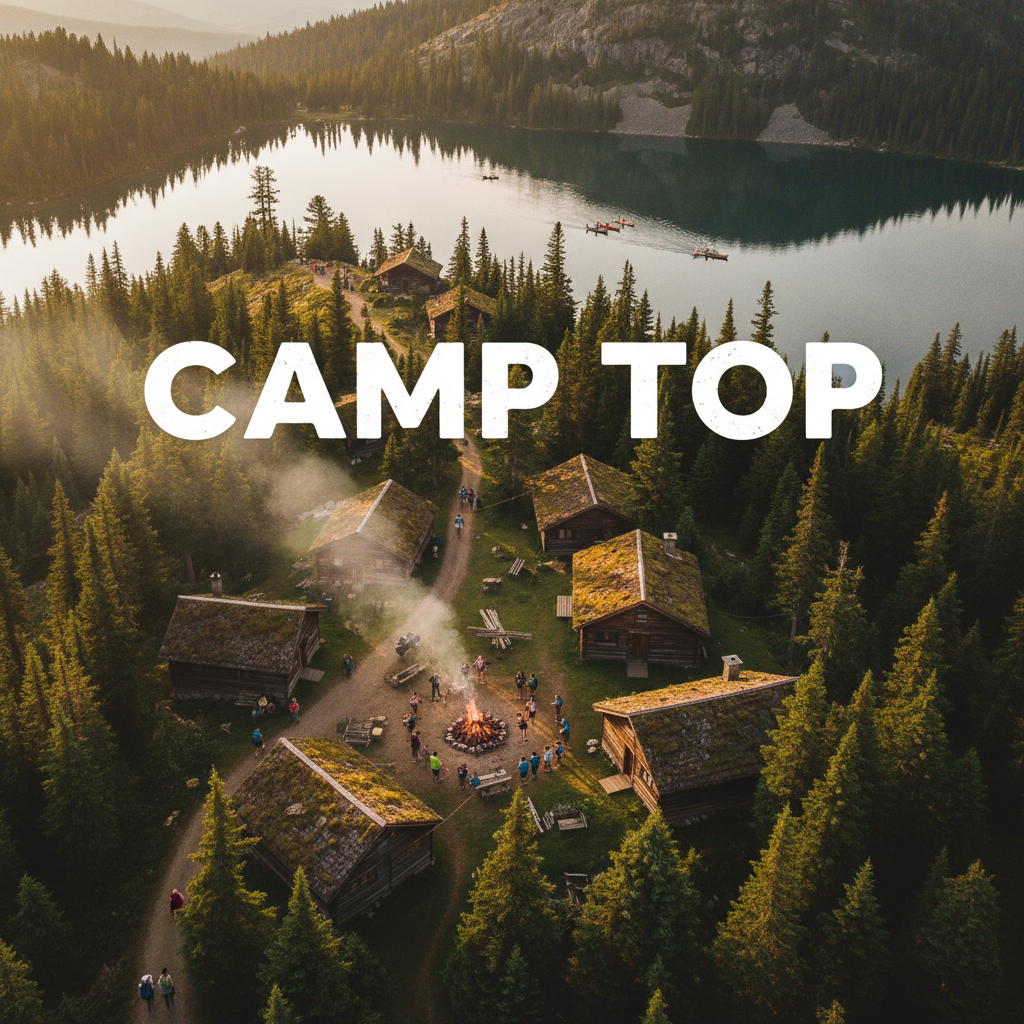 Aerial view of mountain summer camp: cabins, lake, campers, campfire, and bold "Camp Top" title.