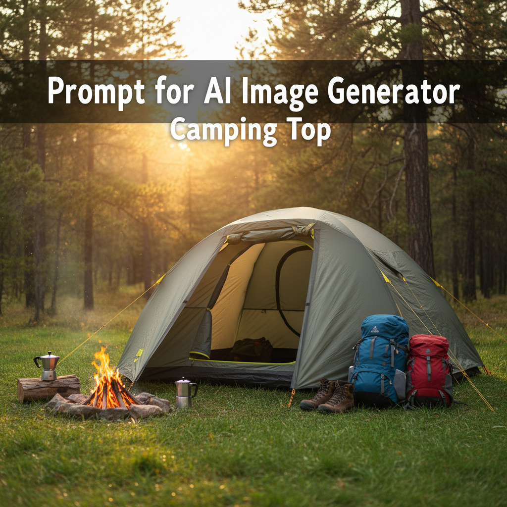 Cozy camping tent on green grass with gear, boots, and a campfire among pine trees at sunset.