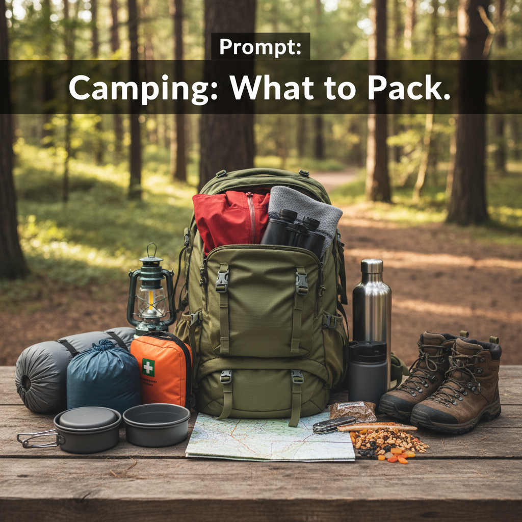 Camping supplies neatly arranged with a backpack, gear, and forest background for trip planning.