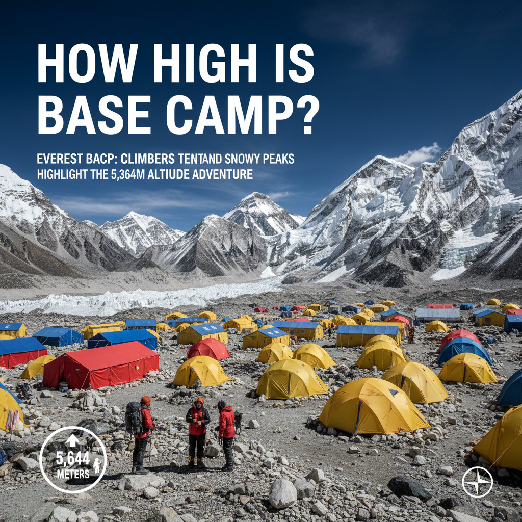 Everest Base Camp: Climbers, tents, and snowy peaks highlight the 5,364m altitude adventure.