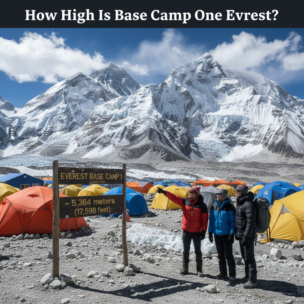 How High Is Base Camp One Everest? Trekkers stand by the sign at Everest Base Camp One, Himalayas.