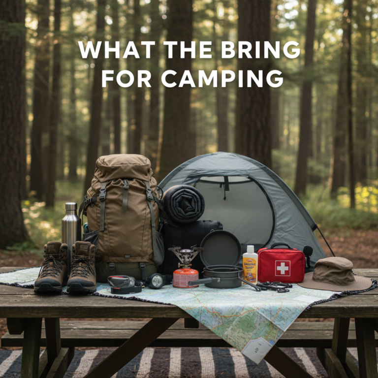 Essential camping gear neatly arranged outdoors, ready for a well-prepared adventure in the forest.