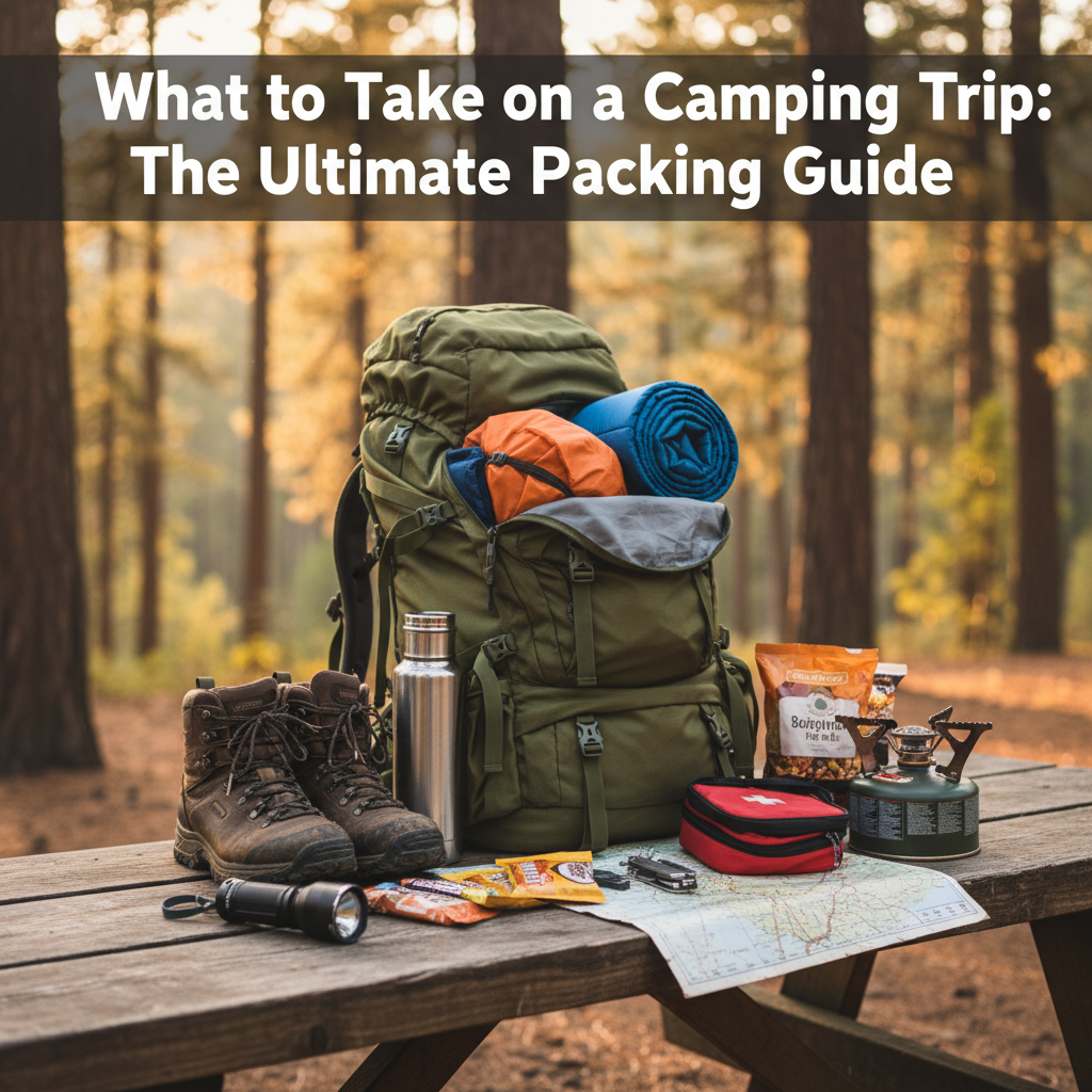 Essential camping gear displayed outdoors: backpack, tent, boots, food, and tools for a safe trip.