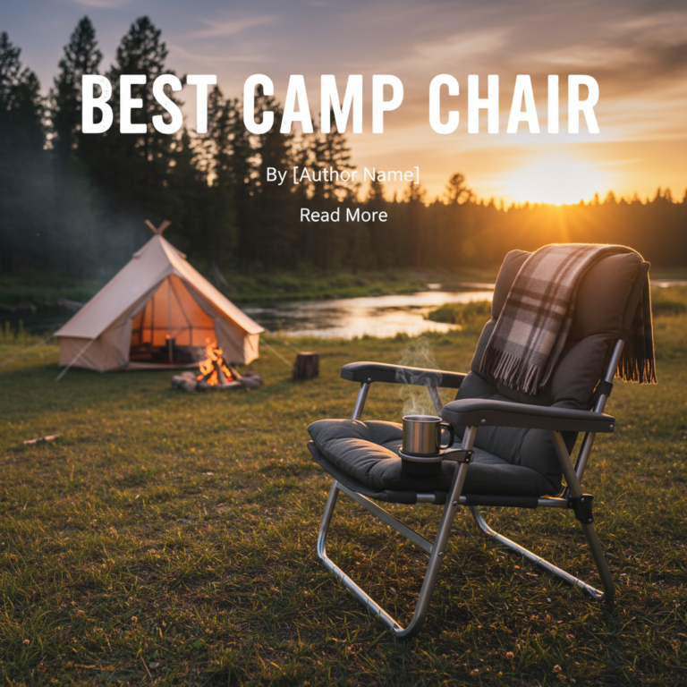 Premium camp chair with mug and blanket by riverside at sunset, tent and campfire glowing nearby