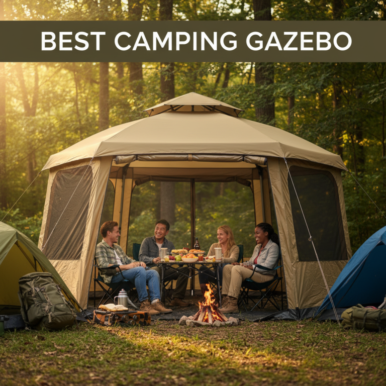 alt_text Campers relax by a picnic in a forest gazebo, surrounded by tents and a campfire at golden hour.