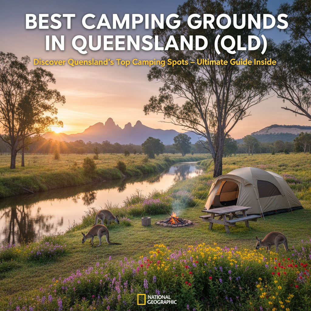 Family camping at sunrise by a river in Queensland with kangaroos, wildflowers, and iconic landmarks.