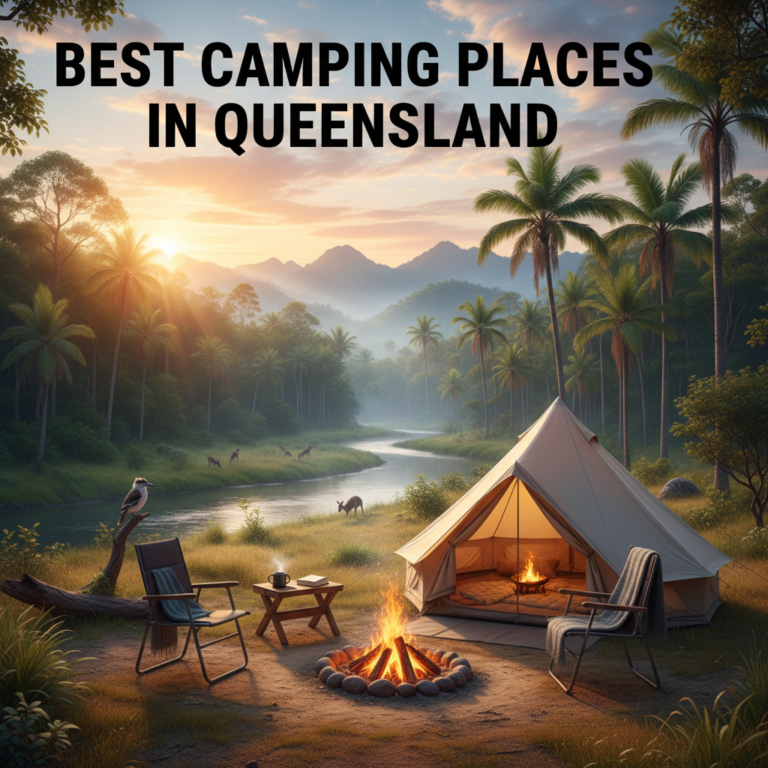 Cozy campsite at sunrise in Queensland with tent, campfire, wildlife, palm trees, and mountains