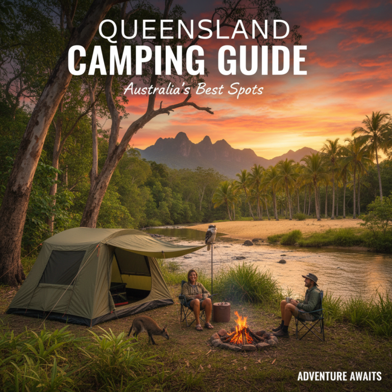 alt_text Campers by a rainforest creek in Queensland, with a tent, campfire, wildlife, and sunrise mountains.