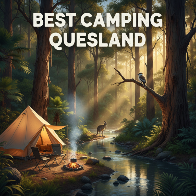 Scenic Queensland campsite by a creek with tent, wildlife, sunlight, and lush eucalyptus forest.