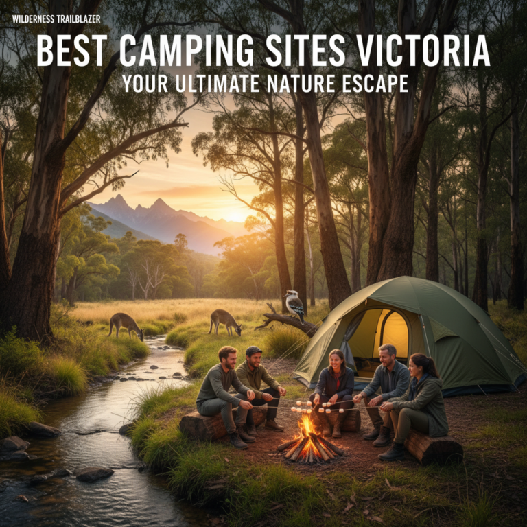 Campers by a tent and fire in lush Victoria forest with wildlife, creek, and mountains at sunrise.