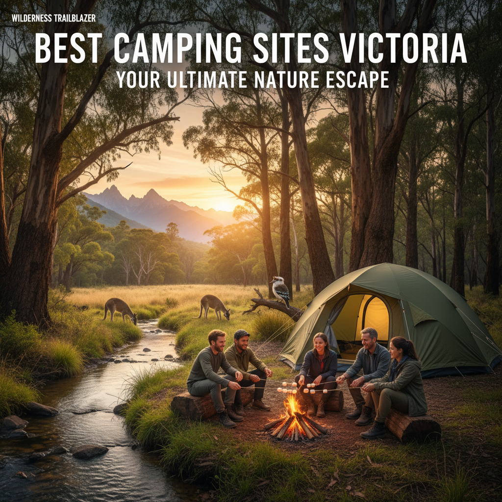 Campers by a tent and fire in lush Victoria forest with wildlife, creek, and mountains at sunrise.