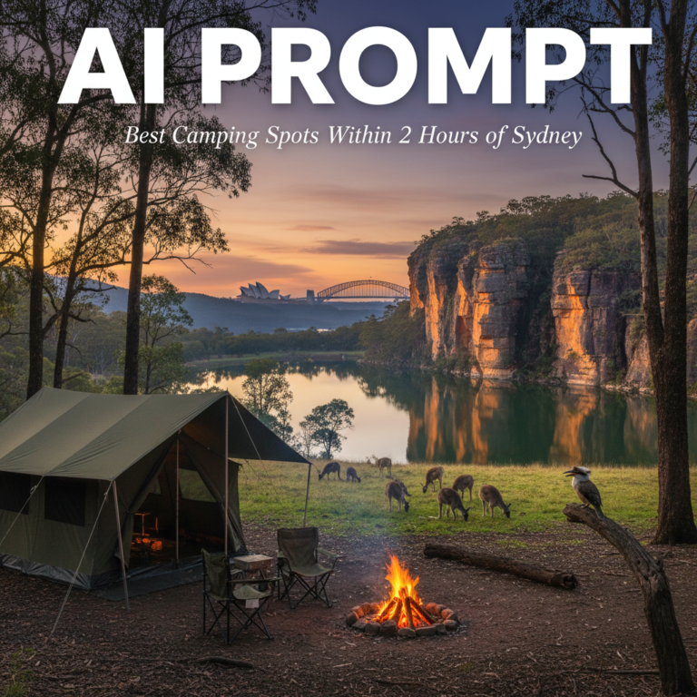 Scenic campsite near Sydney with wildlife, cliffs, tent, campfire, and golden sunset in nature.