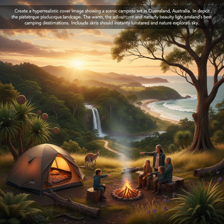 alt_text Campers by a tent and campfire in Queensland, set amid rainforest, sunrise glow, and iconic wildlife.