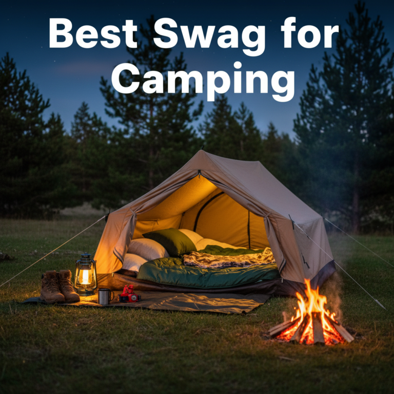 Cozy swag tent and camping gear at dusk, with campfire glow, showing comfort and adventure outdoors.