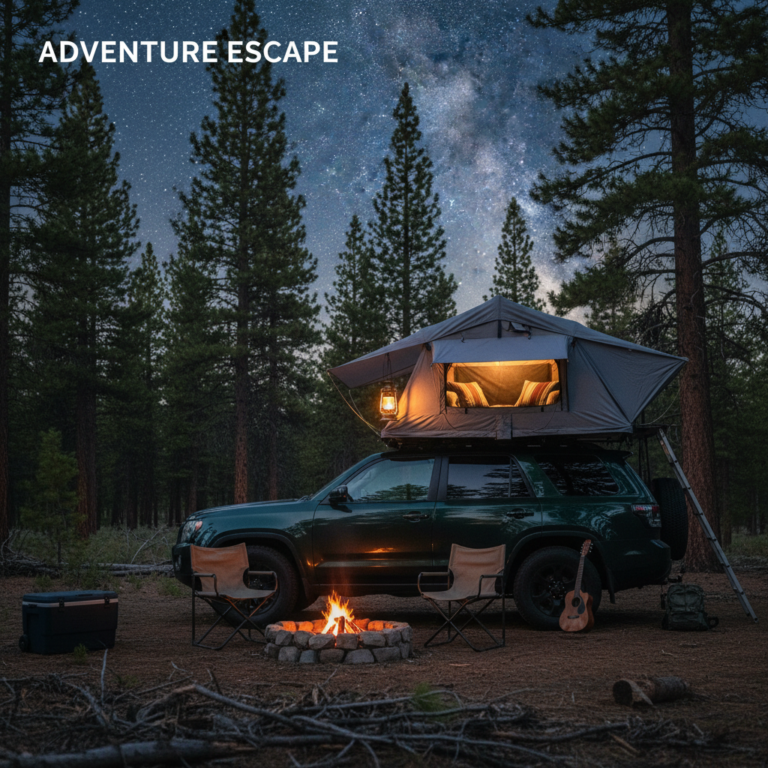 alt_text: SUV with rooftop tent, glowing lantern, campfire, and chairs in a pine forest under starry dusk.