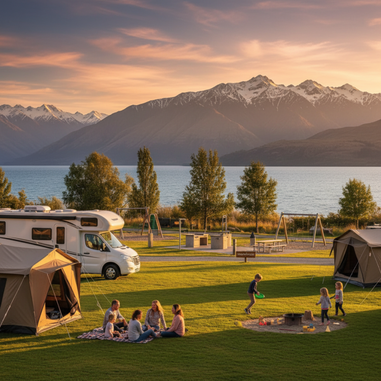 Families camping by Lake Wanaka with mountain views, lush grass, and golden sunset at Wanaka Top 10.