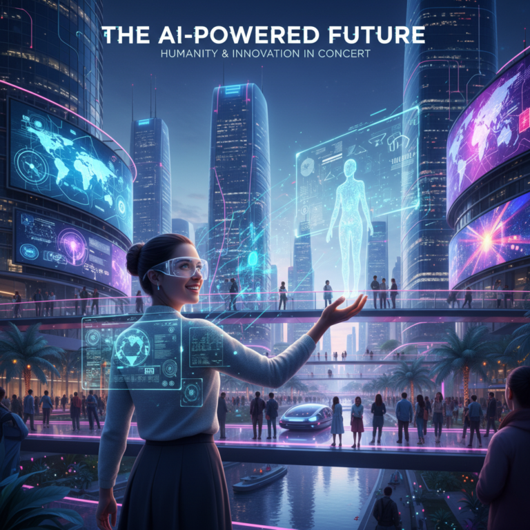Prompt for a cover image featuring a vibrant AI-powered future with people and digital technology.