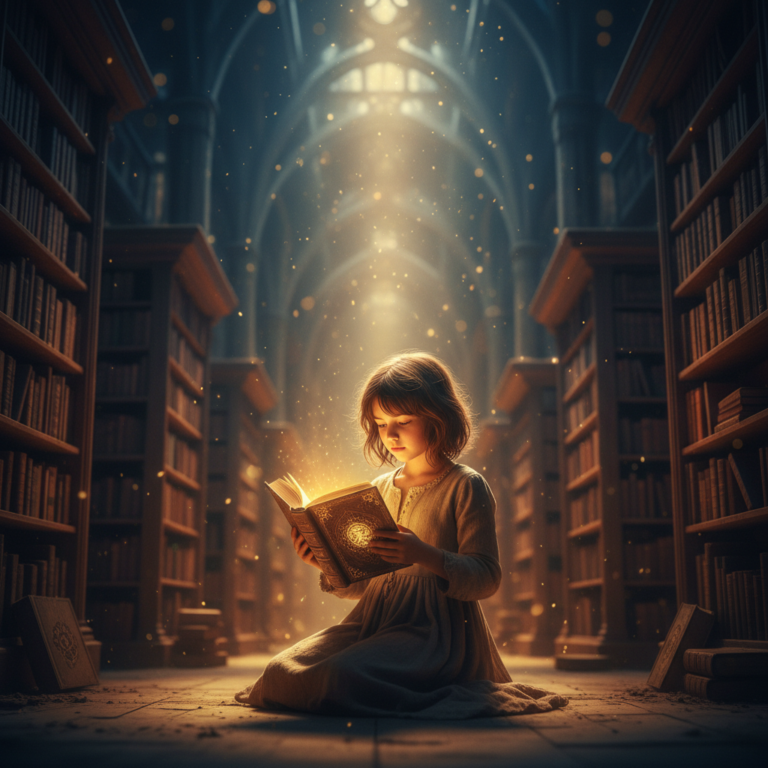 A girl finds a glowing book in a magical library filled with shelves and a mysterious golden light.