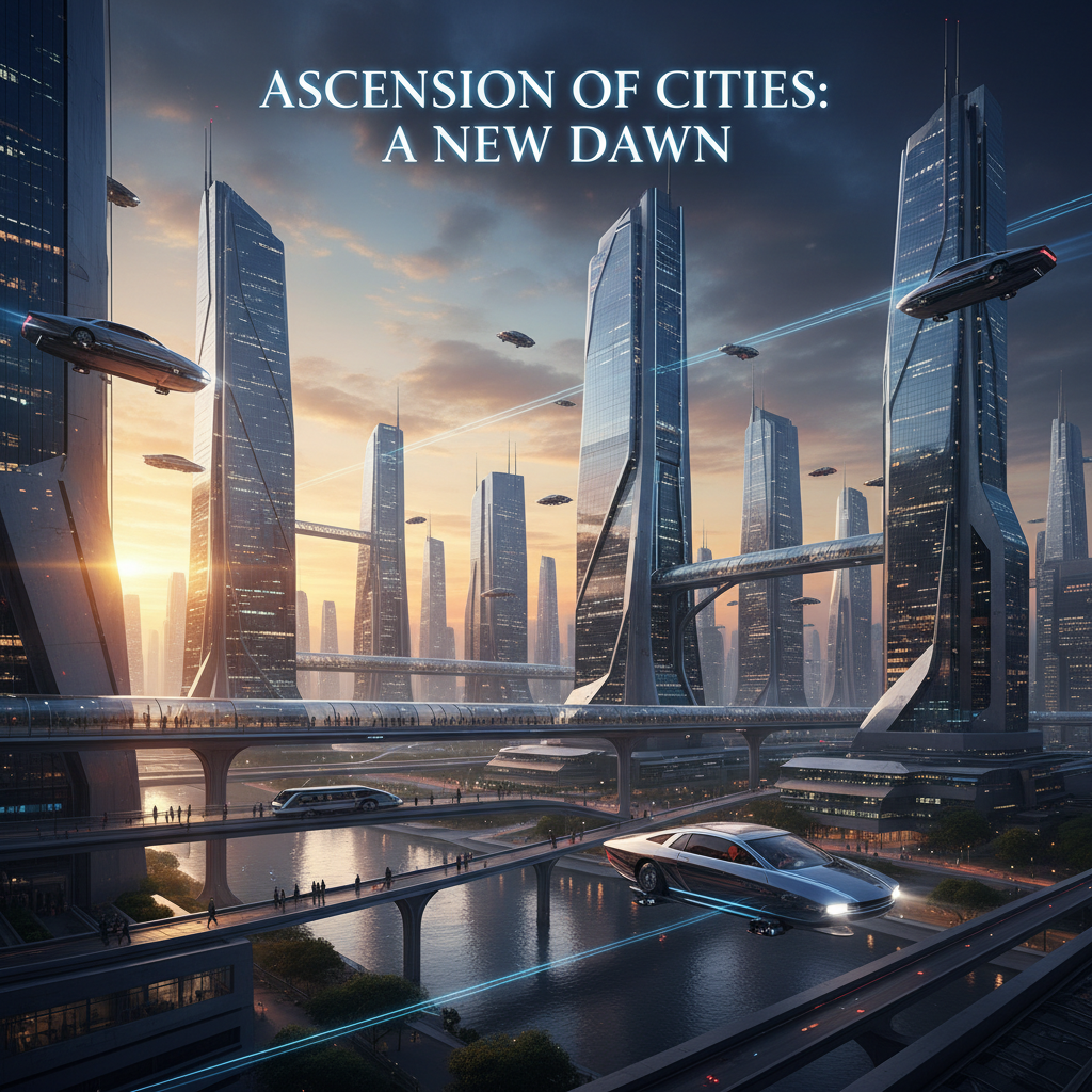 A futuristic cityscape glowing at sunset with sleek buildings and flying cars in the sky.