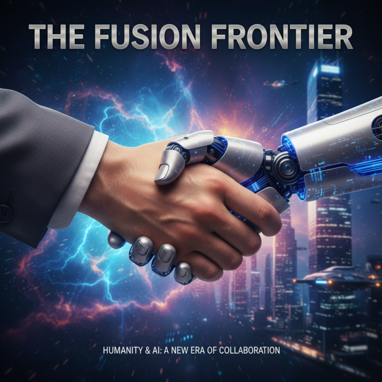 Photorealistic cover featuring a human-AI handshake, symbolizing innovation and collaboration.
