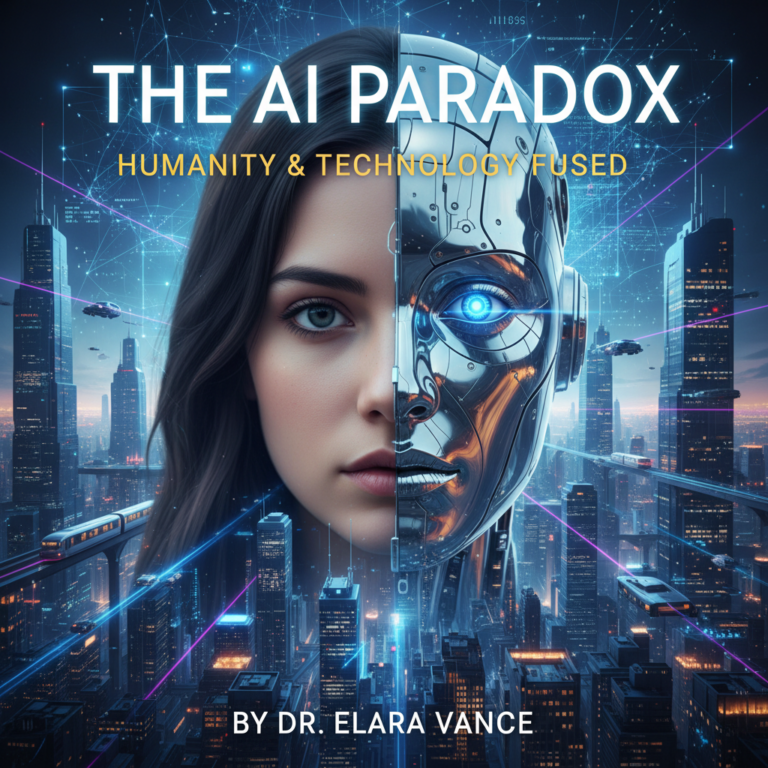 A visually striking book cover on the impact of AI, blending human and robot in a futuristic city.