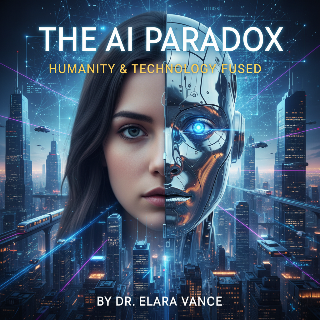 A visually striking book cover on the impact of AI, blending human and robot in a futuristic city.