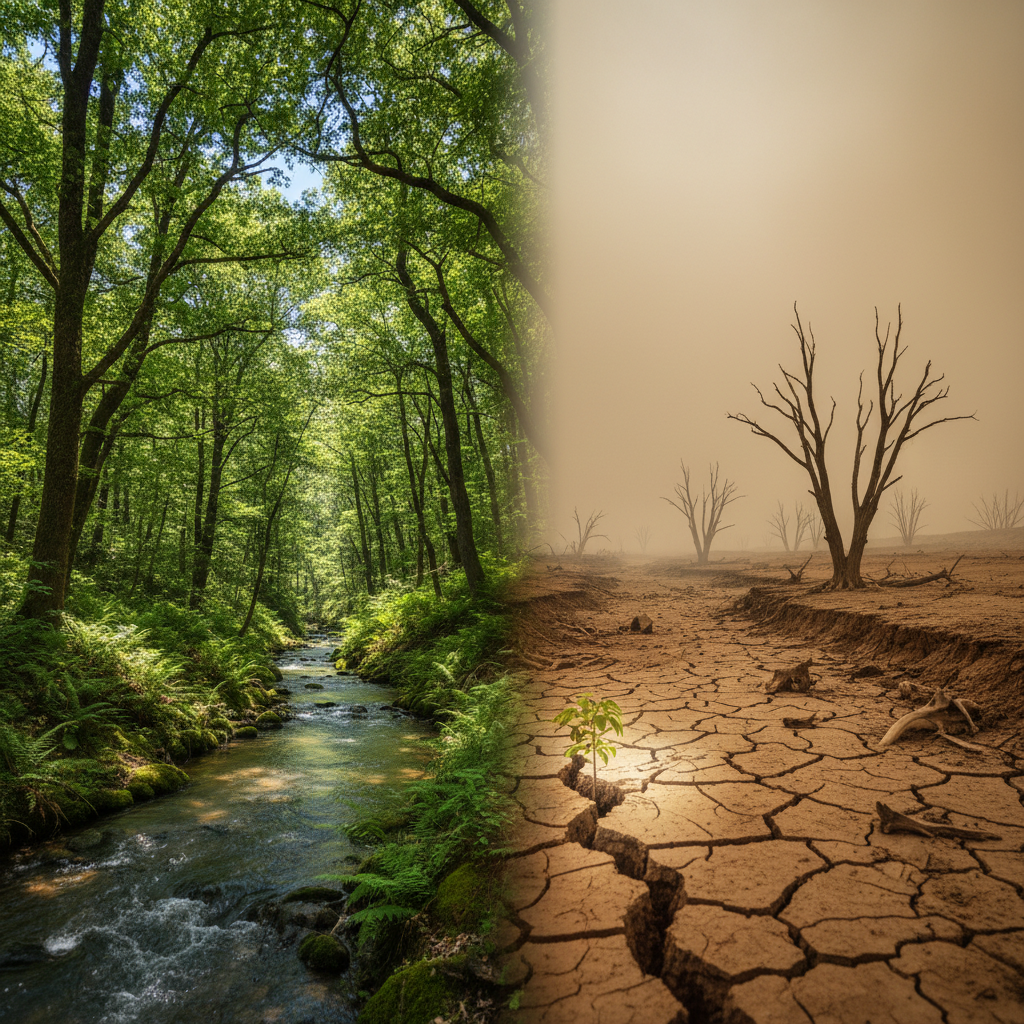 A lush forest contrasts with a barren, drought-stricken landscape, showing climate change’s impact.