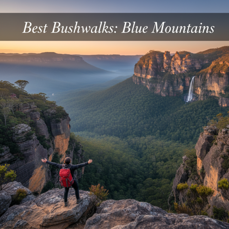 Best Bushwalks: Blue Mountains cover shows a hiker on a cliff with valleys, waterfalls, and sunrise.