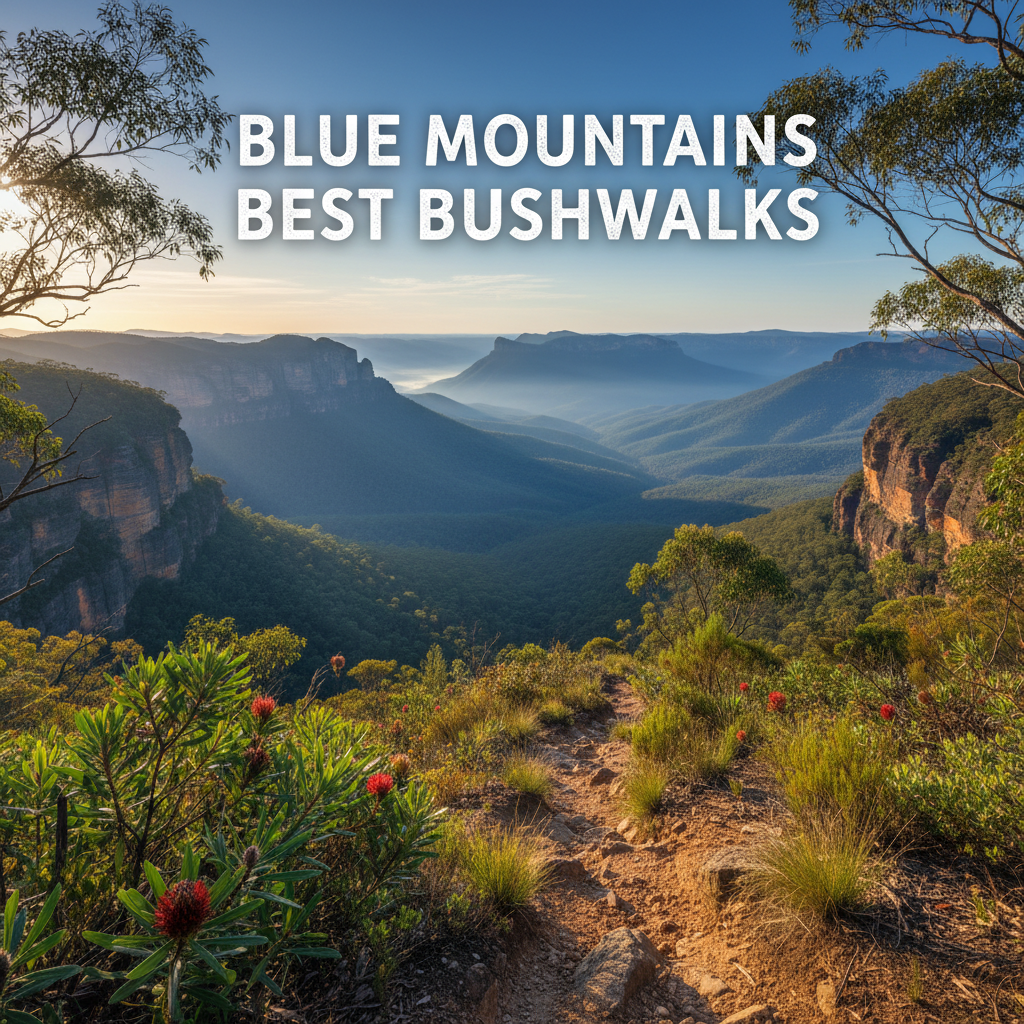 Panoramic Blue Mountains bushwalk trail with cliffs, forests, mist, and bold book title text.