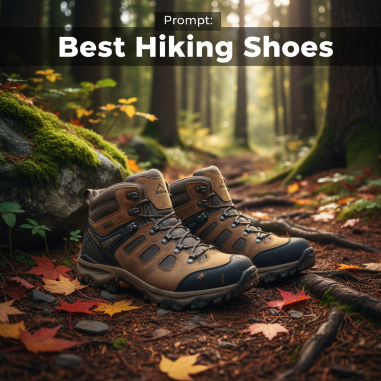 Close-up of rugged hiking shoes on a forest trail, highlighting adventure and comfort in the outdoors.