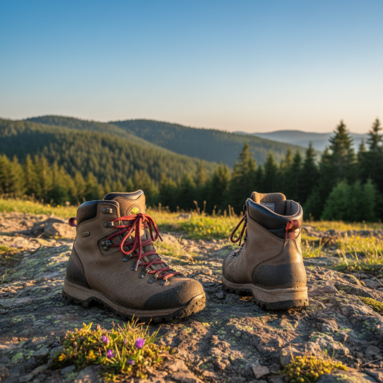 Rugged hiking boots on a rocky trail with scenic hills in the background, evoking adventure.