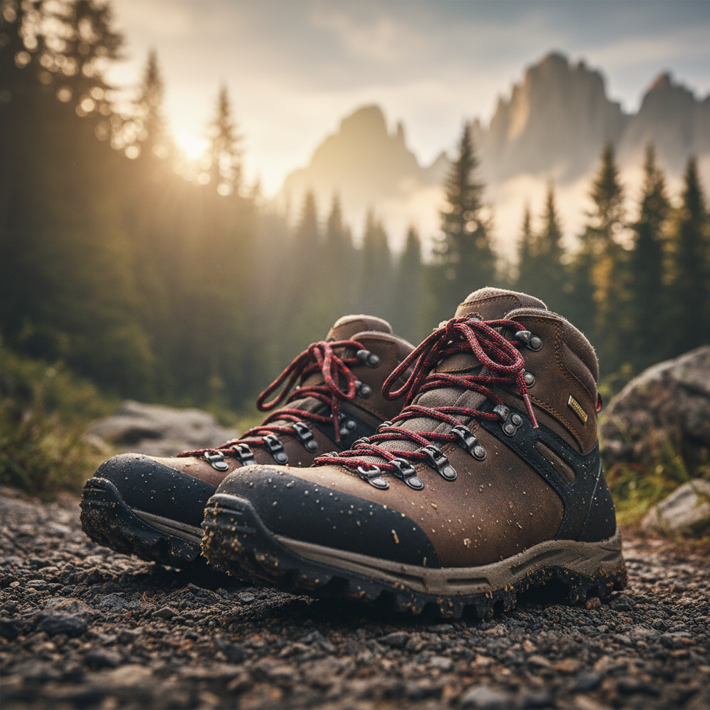 alt_text Close-up of rugged hiking boots on a dewy forest trail at sunrise, mountains and pines in the background.
