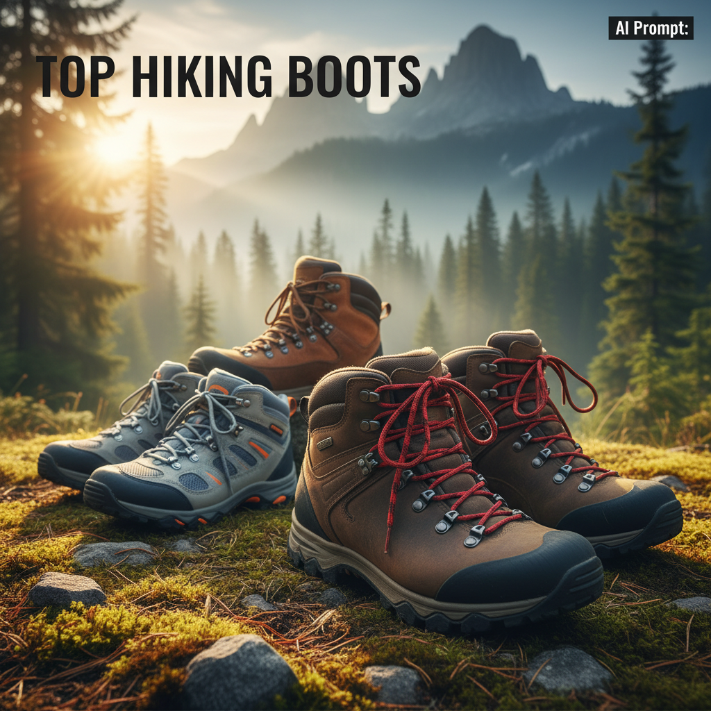 Sturdy hiking boots on a forest trail with misty mountains, ready for outdoor adventure and exploration.