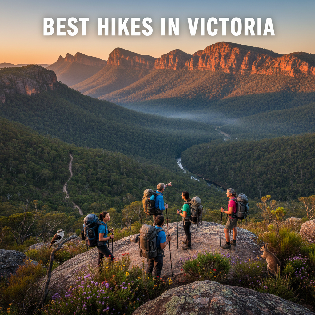 Best Hikes in Victoria: Hikers admire stunning valleys, wildflowers, and mountains under golden sunlight.