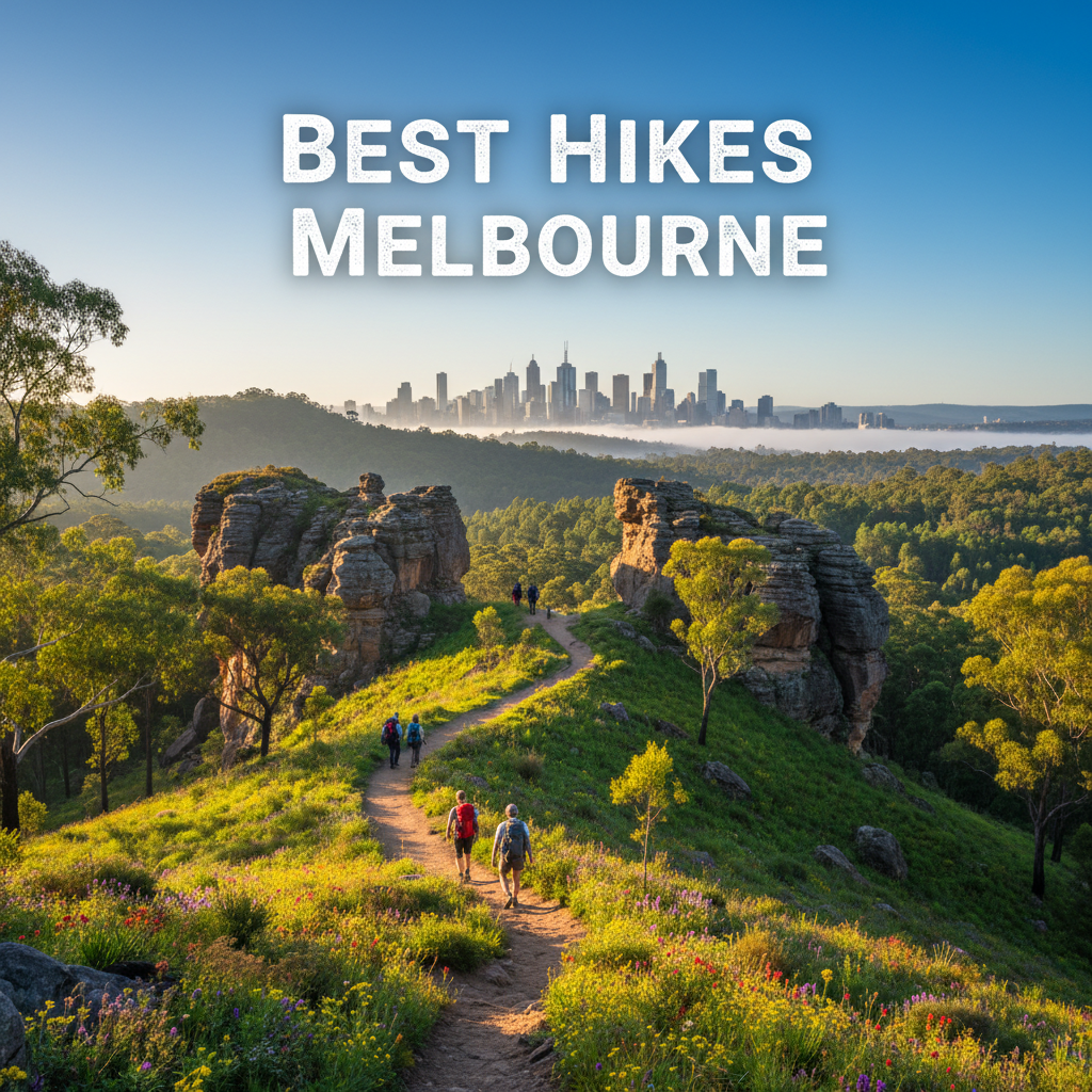 Hikers explore scenic trails near Melbourne, with city skyline, forests, wildflowers, and rolling hills.